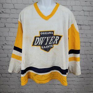 Oshawa Saints Dwyer #9 White Yellow Navy Long Sleeve Hockey Jersey XXL